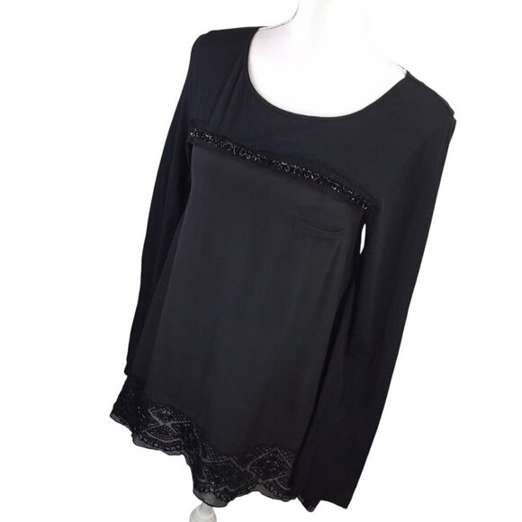 Johnny Was 4 Love and Liberty Top Blouse Size Small Black Beaded Long Sleeve - Picture 2 of 10